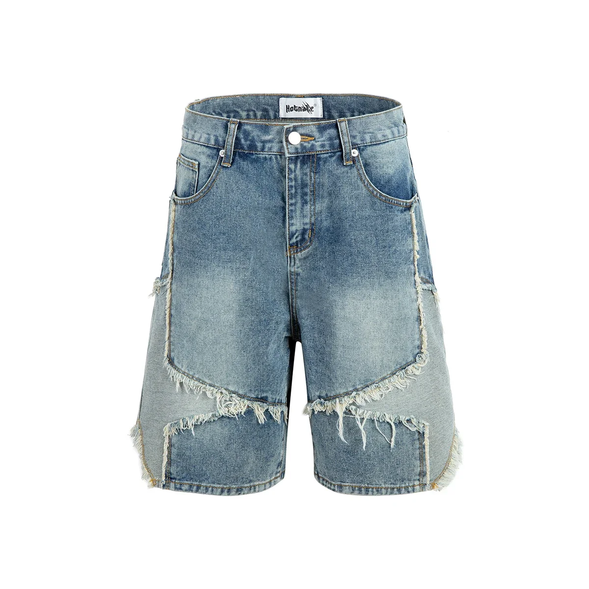 Washed Stars Patchwork Baggy Jeans Shorts for Men High Street Wide Leg Straight Casual Denim Five Point Pants Oversized