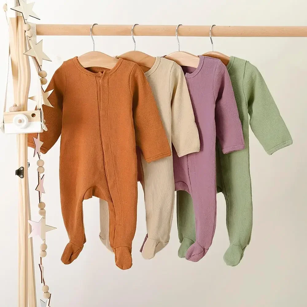 Baby Boy Girl Solid Footed Long-sleeve Jumpsuit One Pieces Baby Clothes Basic Style Spring and Autumn