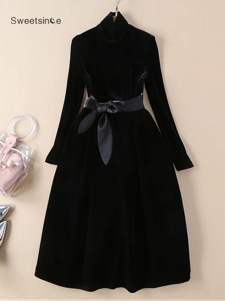 

Sweetsince 2023 Spring New Vintage Hepburn Premium Black Velvet Dress Women's Long Sleeve Medium Waist Large Swing Medium Length