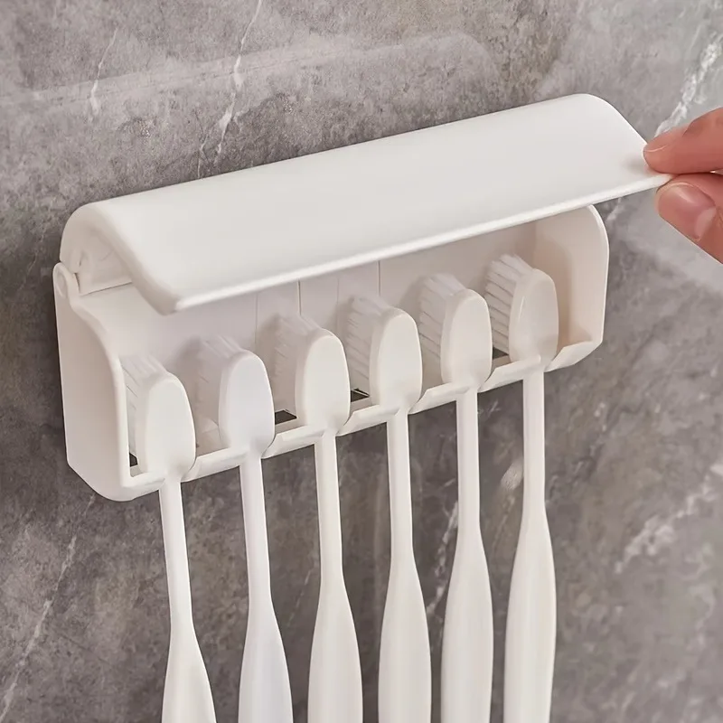Compact Wall-Mounted Toothbrush Organizer with Cover and Self-Adhesive Backing