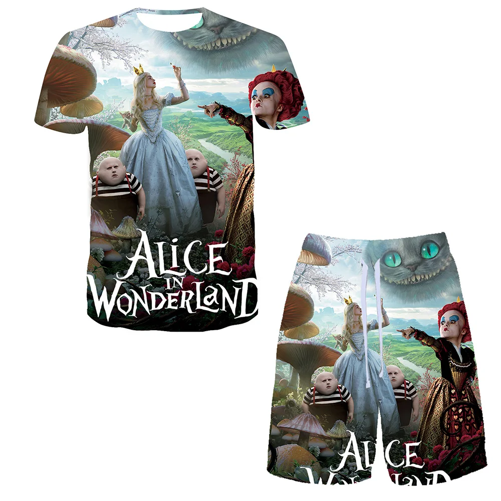 

Disney Alice In Wonderland 3D Printed Women Men T-shirt Sets Kids Casual Breathable Clothing Harajuku Beach Shorts Sets