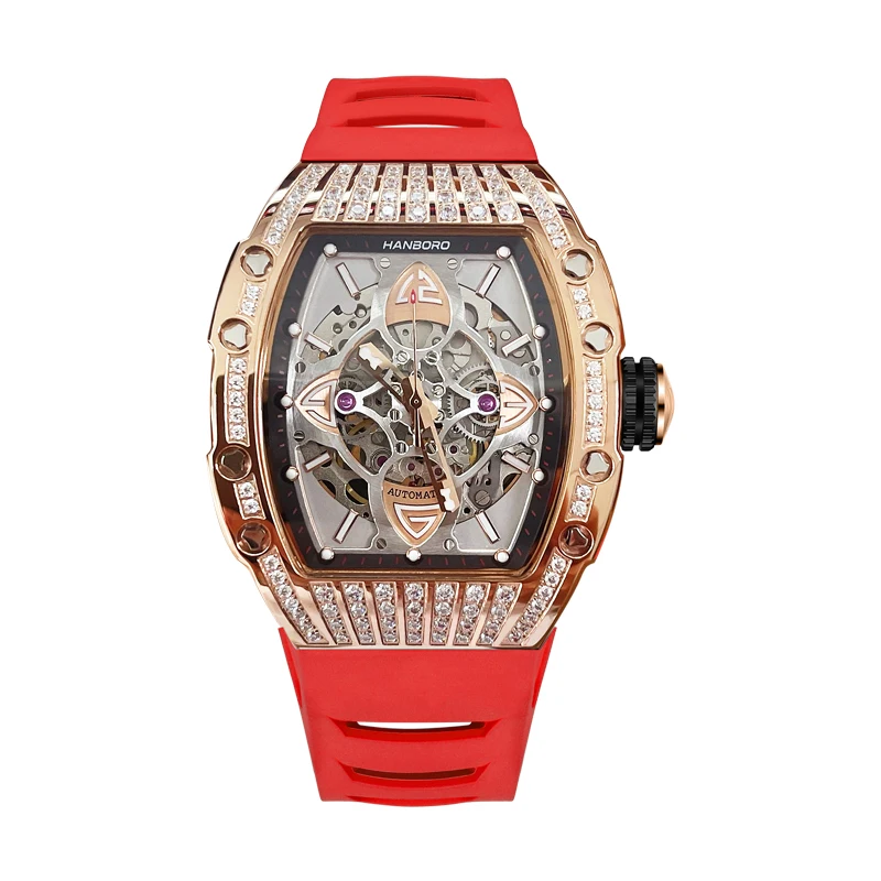 HANBORO Mens Watches Top Brand Luxury Japan 8N24 Movement Man Watch Mechanical Waterproof Shine Diamond Crystal Wine Barrel japan kuretake7700 double head soft head watercolor pen hand account brush wine red marker full set of fluorescent color pens