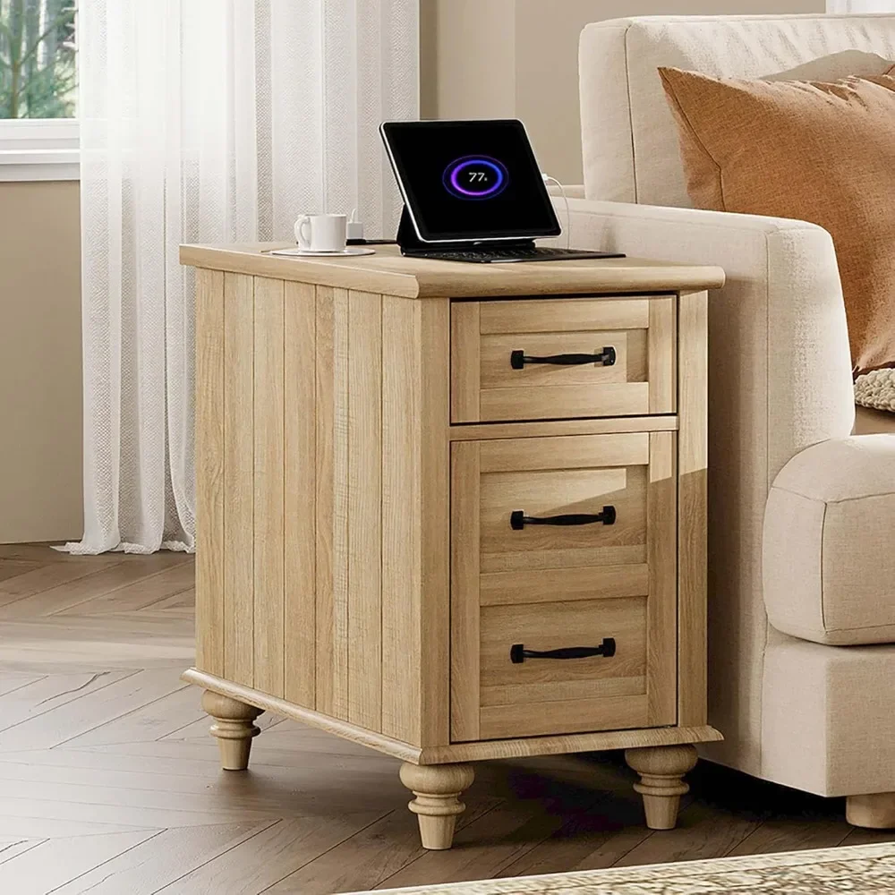 End Table with Charging Station, Wood Side Table with Drawer and Storage Cabinet, Modern End Table with Power outlets USB