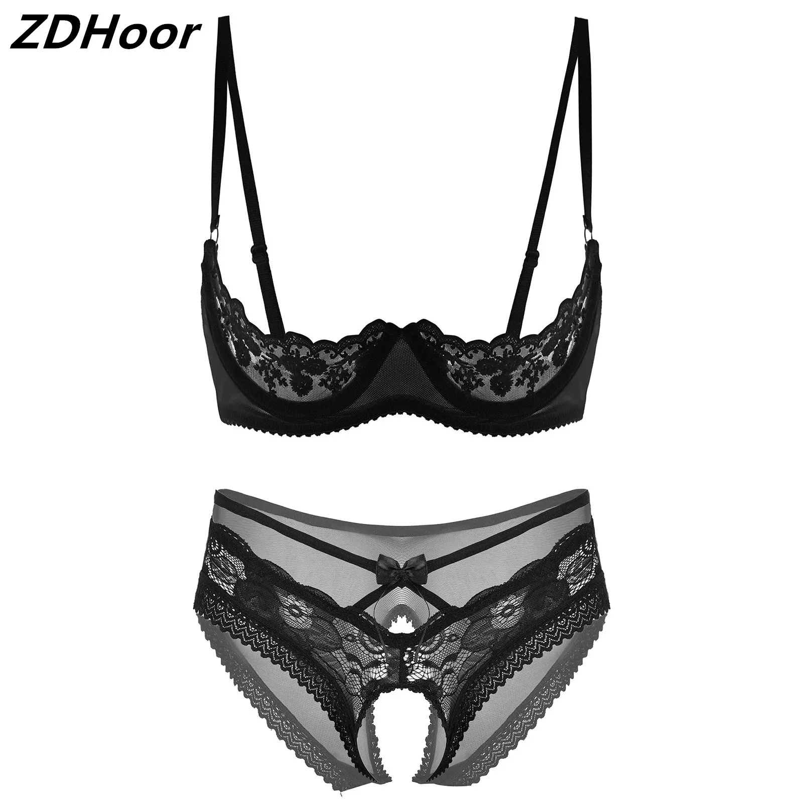 

Womens Sexy Lace Lingerie Set Cupless Underwired Or Wire-free Bra Top with Crotchless See Through Briefs Tempting Nightwear