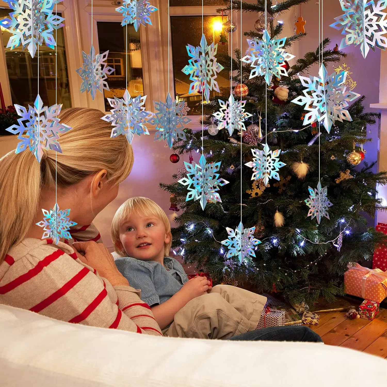 6PCS Christmas Snowflake 15/20/25CM Christmas Tree Hanging Ornaments 3D Iridescent Snowflake Star Christmas Wedding Decorations