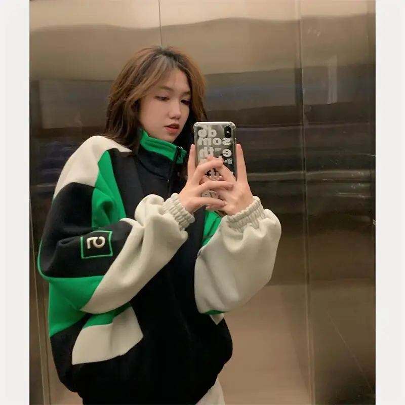 

Sigutan Vintage Streetwear Baseball Jackets Women Y2k Harajuku Oversized Zipper Coats Female Korean Fashion Autumn Winter 2022
