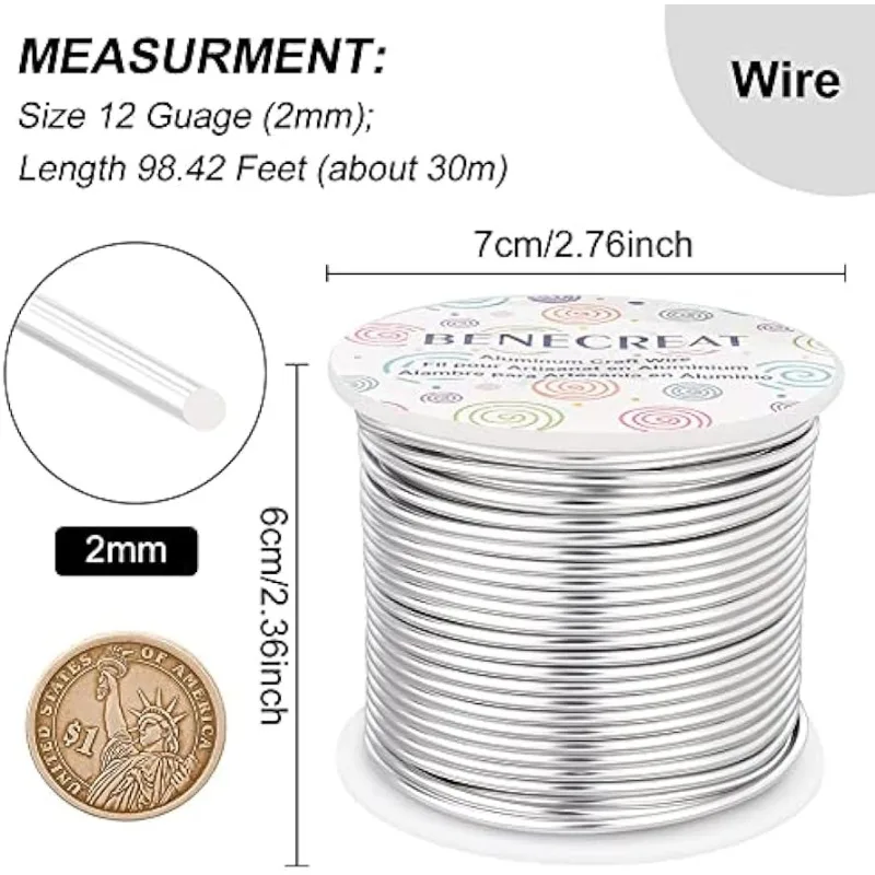 12 Gauge 100FT Silver Aluminum Wire Anodized Jewelry Craft Wire Beading Floral Making Bendable Metal