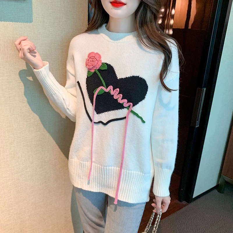 

Женская одежда с длинным рукавом и цветочным 3D Украшением, плотный трикотажный пуловер в стиле преппи с круглым вырезом и аппликацией для осени и зимы