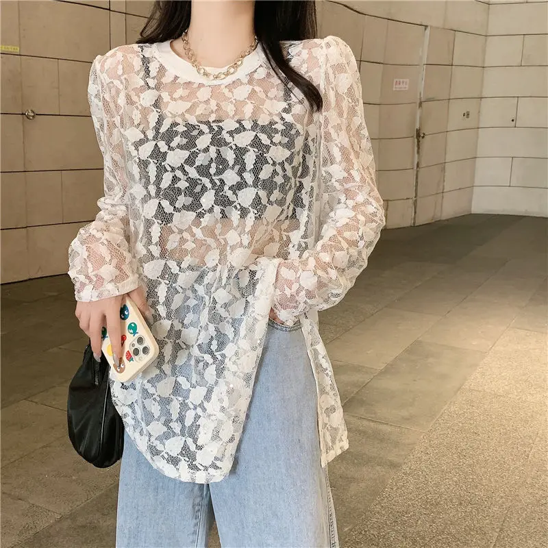 2024 New Minimalist Round Neck Long Sleeved Women's Summer Sun Protection Shirt Hollow Out Lace Thin Gauze Split Mid Length Tops men fall winter sweater striped color matching knitted thick warm pullover high collar neck protection loose mid length warm spr