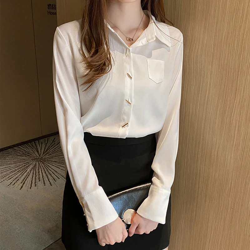 

Korean Office Ladies Temperament White Women Shirt 2022 New Fashion Autumn Long Sleeve Blouse Female Basic Casual Shirts