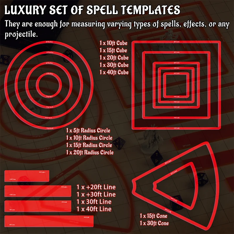 Area of Effect Spell Templates Set of 15 (Included Cube, Cone, Circle, and Line) Acrylic AOE Damage Marker Tabtop RPG Gaming