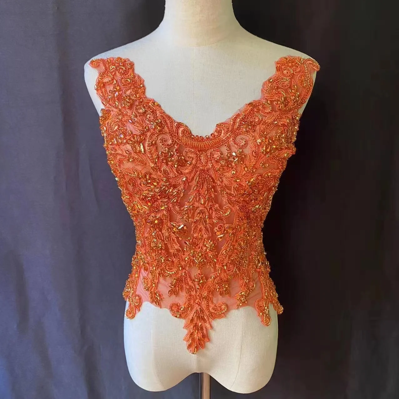 

Large Sparkling Orange Bead Diamond Rhinestone Applique Blue Bodice Patch for Gold Dress Costume,Wedding Decor,Bridal Ball Gown