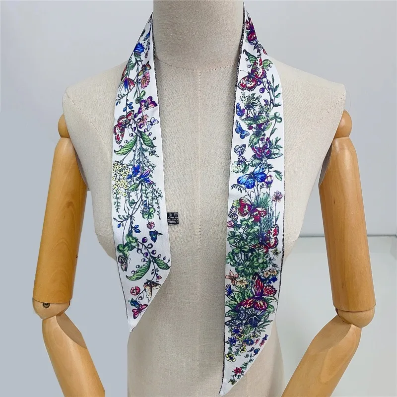 Vielseitiges Schmetterlings-Blumenmuster-Design, modisches langes Seidenband, kleiner Seidenschal, Foulard, Haar- und Halstuch, Stirnband für Damen – Detail 9