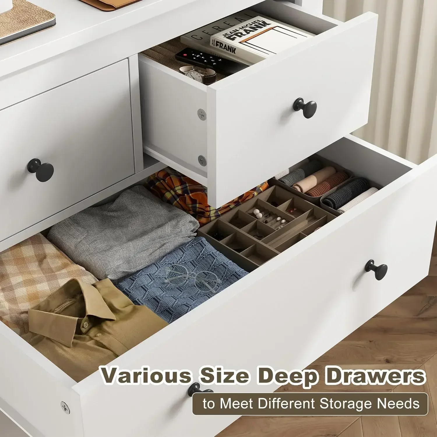 White Dresser, Dresser for Bedroom with 10 Deep Drawers Wood Dresser with Smooth Metal Rail, Large Dressers & Chests of Drawers