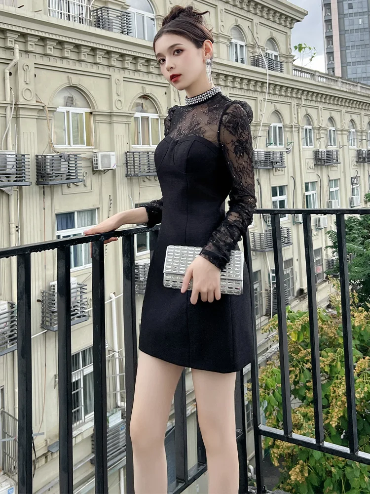 

Lace dress, spring and autumn women's clothing, heavy industry dress, banquet atmosphere, high-end feeling, Hepburn style, small