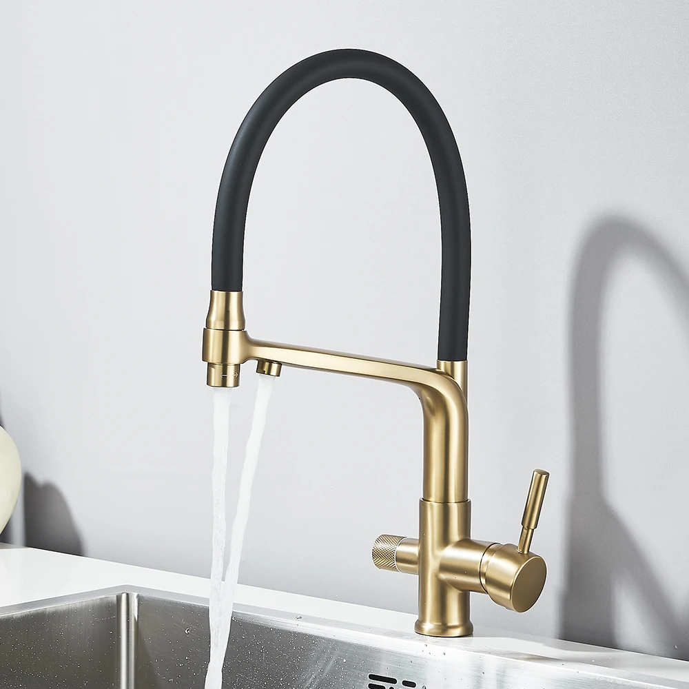 POIQIHY Pure Water Filter Kitchen Faucet Pull Down Filtered Faucets Black Brass Crane Dual Handle Spout Hot Cold Mixer Tap