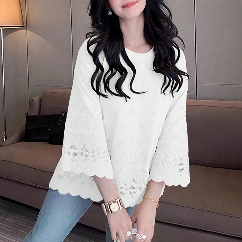 2025 الخريف القطن خمر بلوزة المرأة موضة مضيئة كم ب...