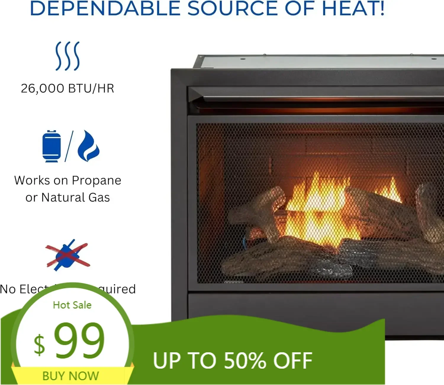 Ventless 26,000 BTU Heats 1,350 Square Feet Dual Fuel No-Clearance Gas Fireplace Insert with Remote Control, Black