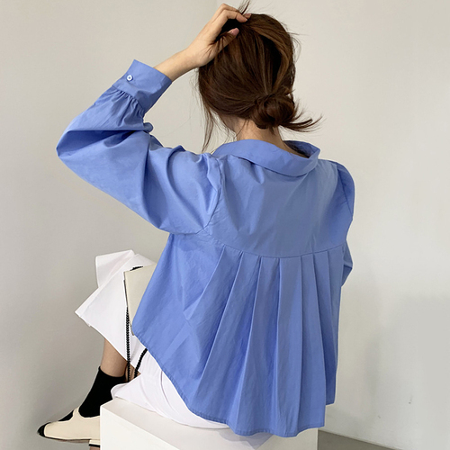 Korean Chic Blouse Women Turn-down Collar Back Pleated Shirts Loose Irregular Long Sleeve Tops Temperament Blusas Mujer