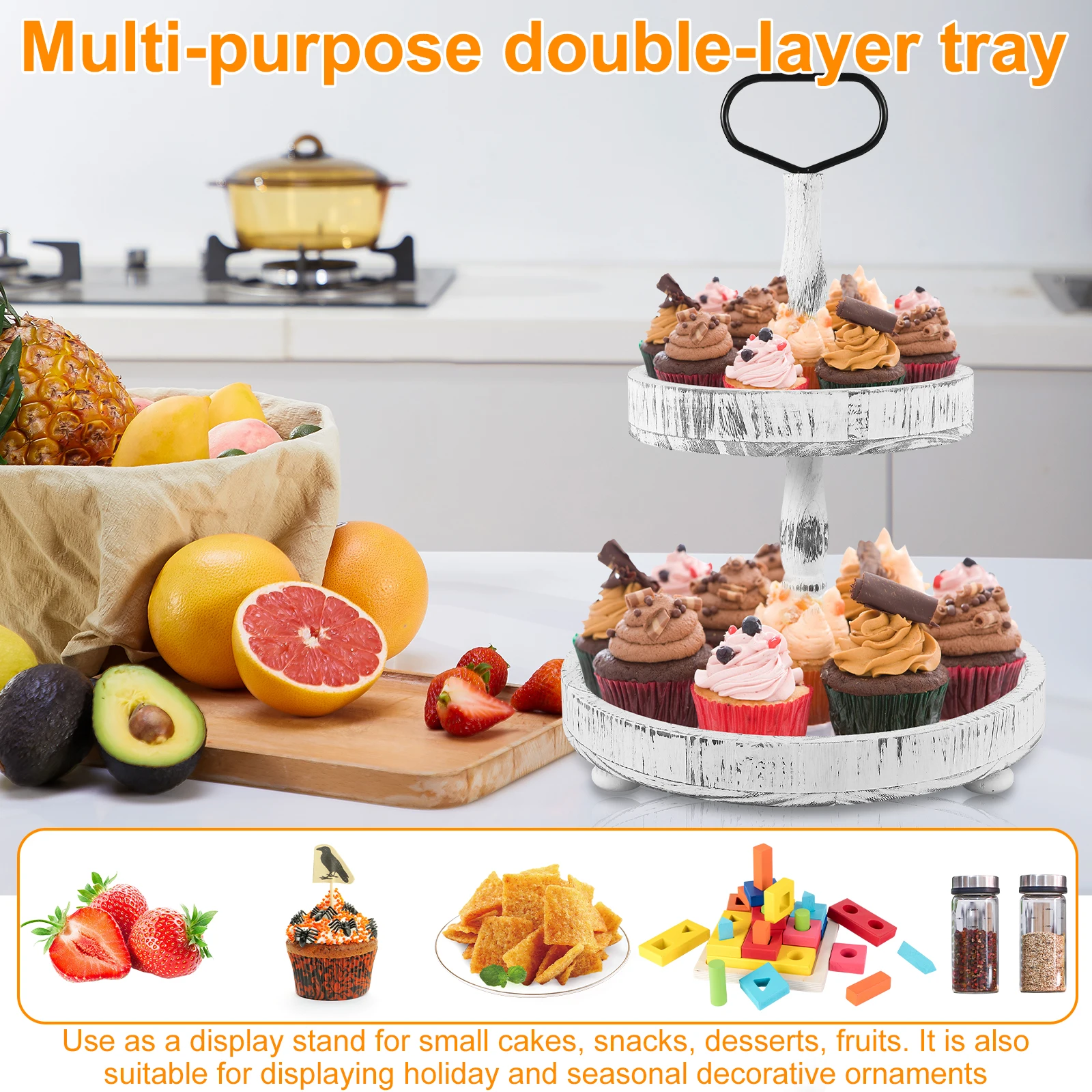 Wood tiered tray with decorative display