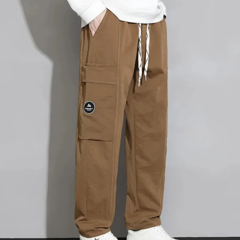 Spring Autumn Men's Clothing Solid Color Pockets High Waist Elastic Drawstring Cargo Bloomers Trousers Casual England Pants