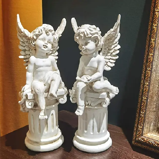 2 Db Cherub Angyalok Római Oszlop Kert Szobra Görög Angyal Figura Szobor Kültéri Otthoni Dekoráció Antik Gyanta - Image 5
