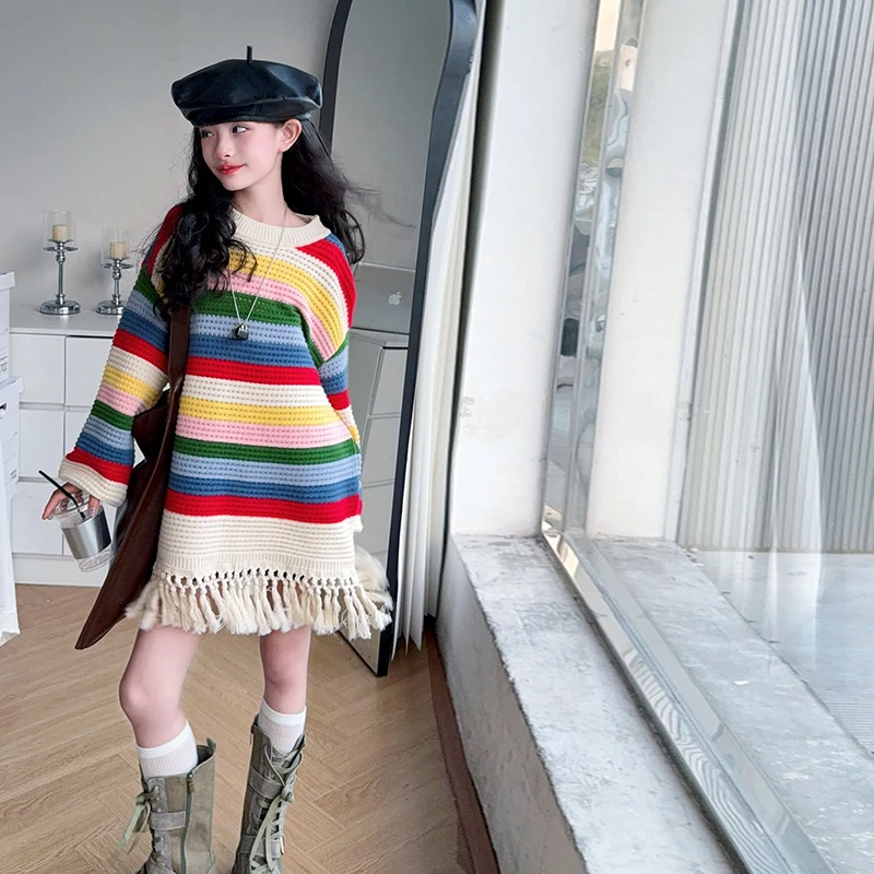 아동용 스웨터 4-14세 여아 캐주얼 패션 봄 가을 니트웨어 트윈 레인보우 컬러풀 의상 아동 한국 스타일 풀오버