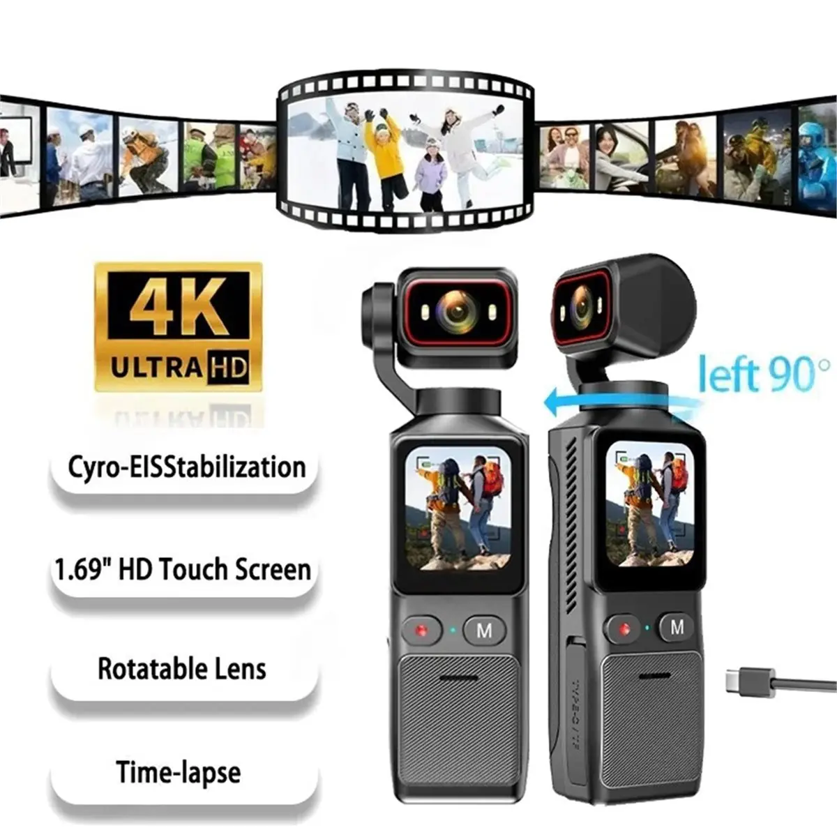 (BOFF) 4K 포켓 액션 카메라 터치스크린 휴대용 브이로그 카메라 핸드헬드 짐벌 스태빌라이저 바디 카메라 비디오 레코더