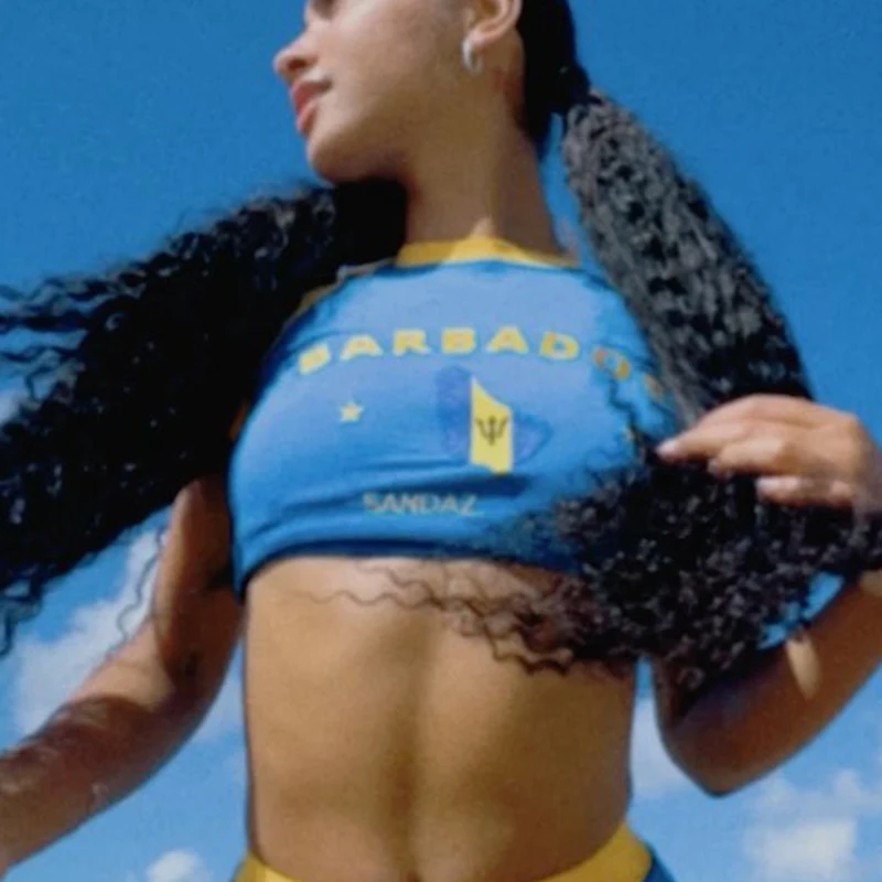 2024 Blue Sexy Barbados Embroidery Crop Tops Women T-shirt Cropped Slim High Waist Short Sleeve Summer Clothes Tops Female Tees 5