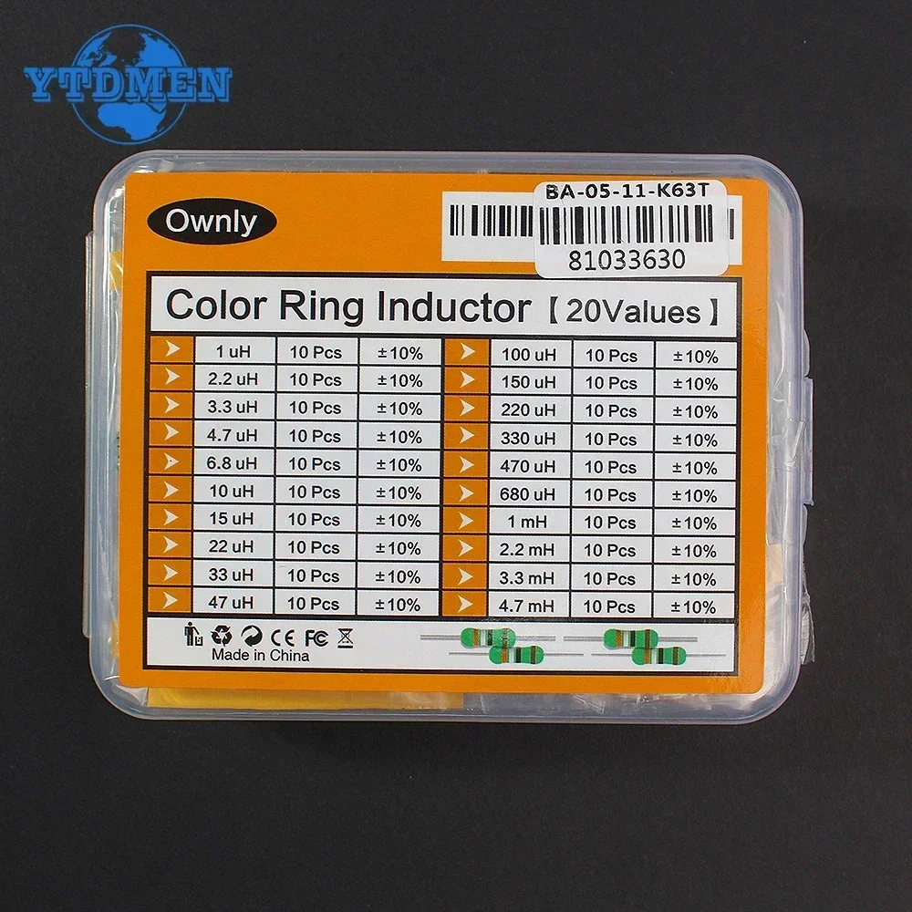 1/2W Color Ring Inductor Assortment Set 0.5W 1UH-4.7MH 20values*10pcs Inductors Assorted Kit 1UH 4.7UH 10UH 100UH 470UH 200pcs inductor assortment kit