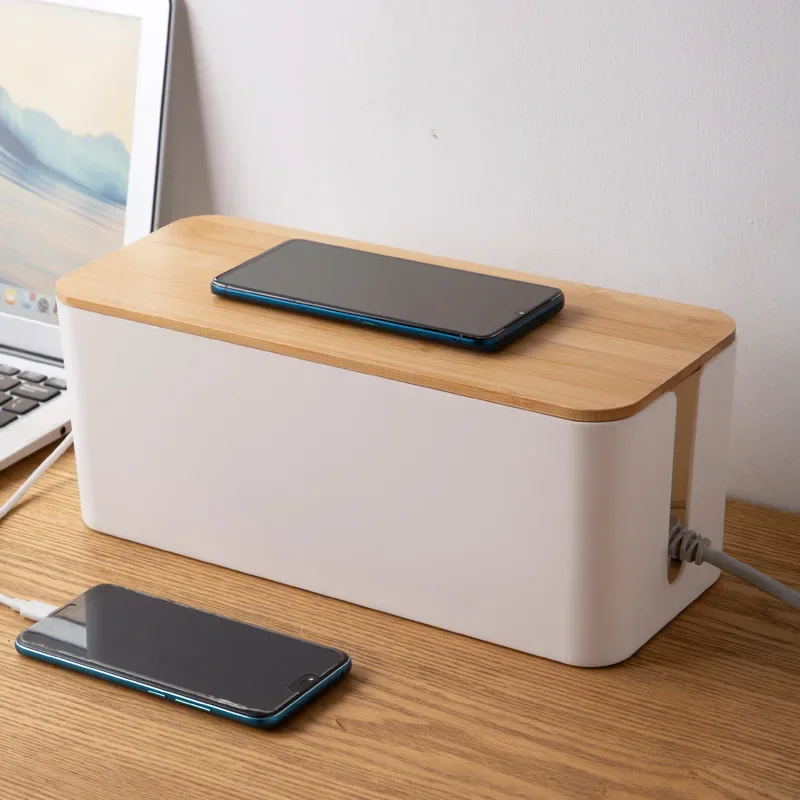 Creative Simple Wire Box Bamboo Wood Cover Cable Management Box Plug Board Storage Box Power Cord Charger Storage 2