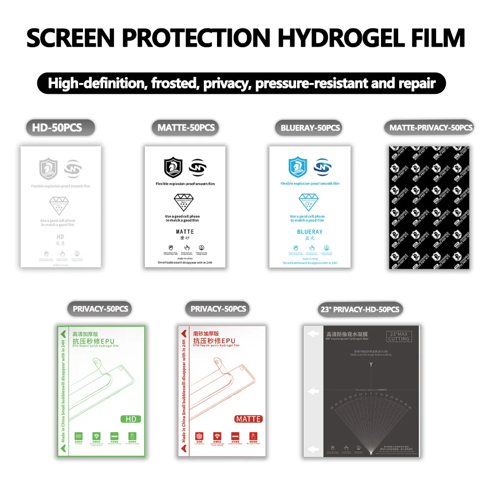 Protector de Pantalla de Hidrogel Transparente Mate con Privacidad Anti-Luz Azul para Máquina de Corte de Plotter, Lámina de TPU Curva, 50 Unidades
