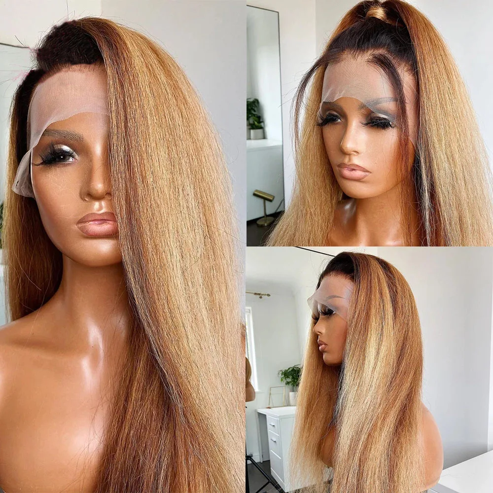 Ombre Honey Blonde Ponytail Yaki Straight HD 360 Lace Frontal Wigs PrePlucked 13x6 Lace Human Hair Glueless Kinky Straight Wig