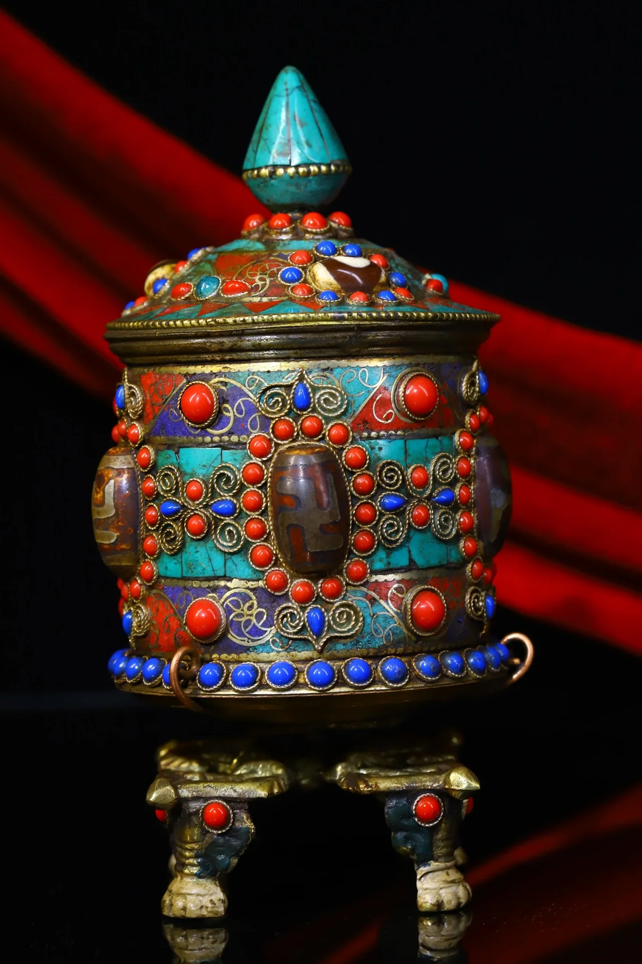 

6"Tibetan Temple Collection Old Bronze Mosaic Gem gZi Beads Turquoise Three-legged prayer wheel chanting Amulet Dharma