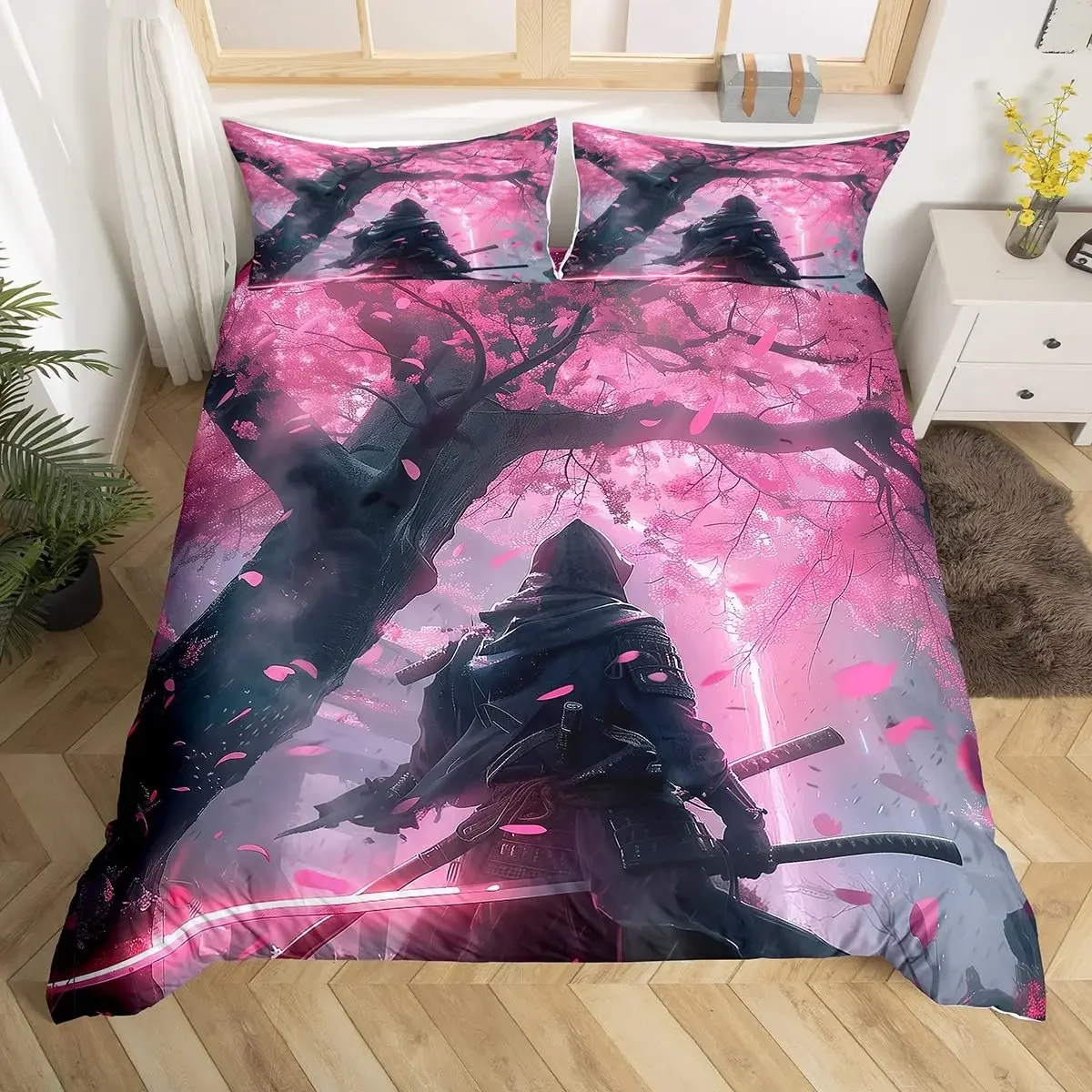 Japanese Samurai Bedding Set Full Size Cherry Blossoms Comforter Cover Red Sun Hokusai Duvet Cover Fuji Mountain Quilt Cover