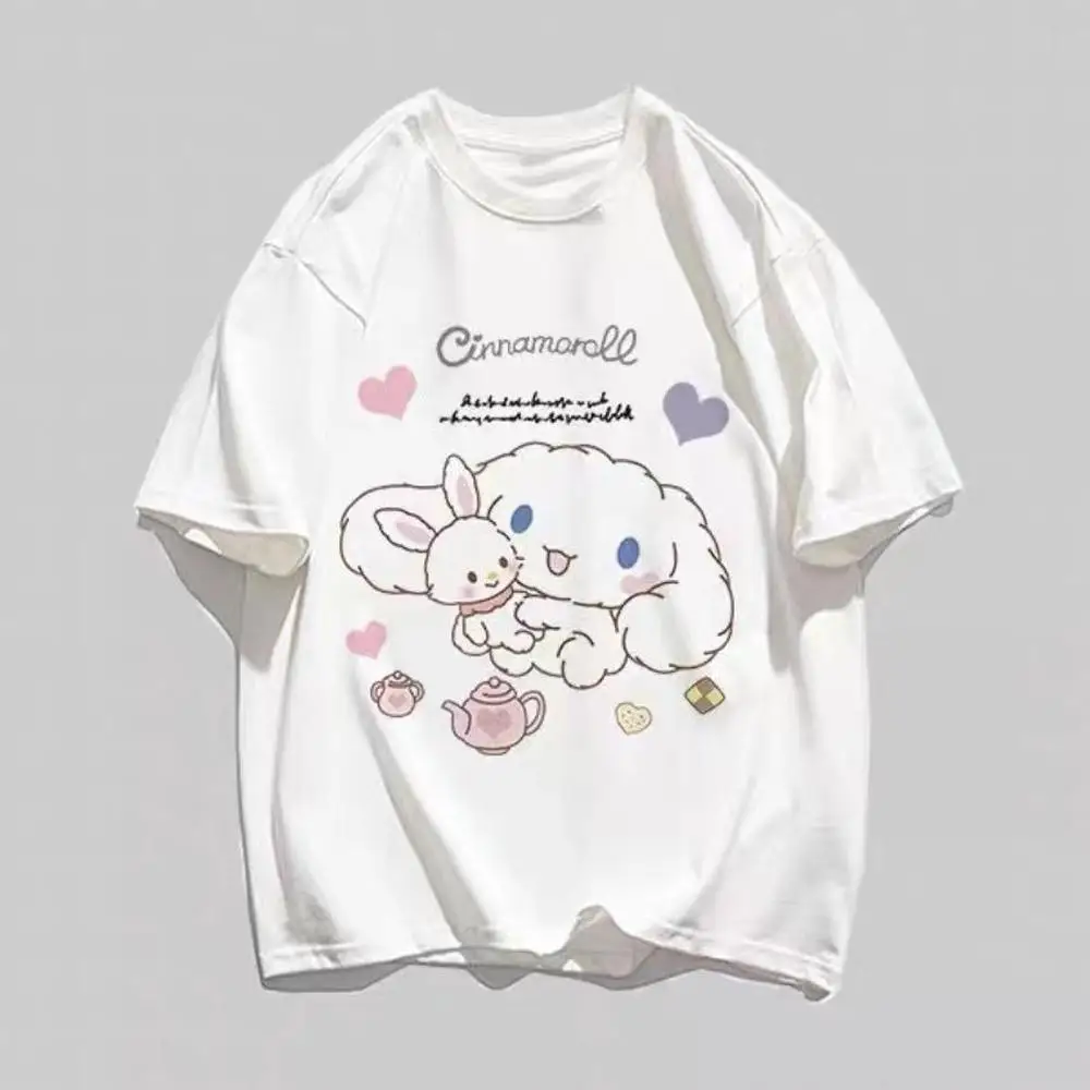 

Летняя хлопковая детская футболка Cinnamoroll Kawaii Sanrio Топы Для детей среднего и старшего возраста детские свободные хлопковые рукава до локтя