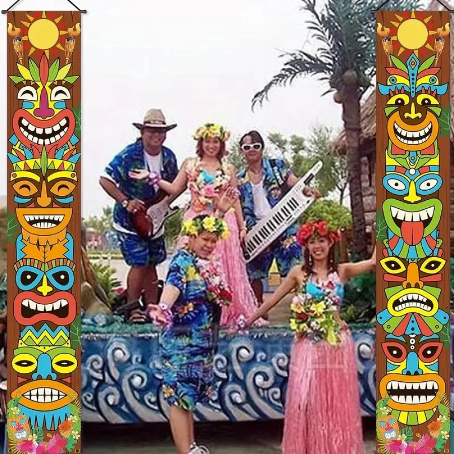 2pcs Hawaiian Luau Party Decoration Supplies Tiki Totem Door Banner Sign For Aloha Hawaii Luau Tropical Moana Birthday Party party decorations