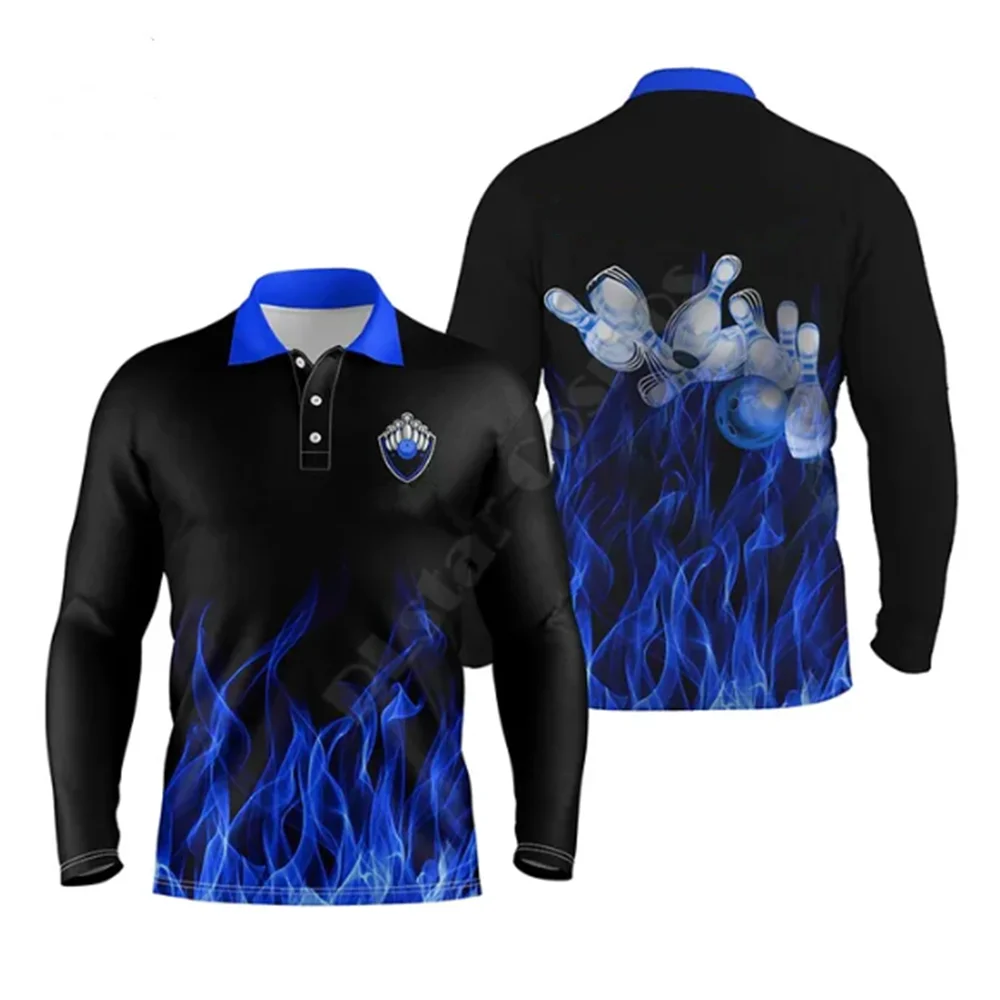 Men's personalized 3D bowling Polo shirt blue team autumn and winter bowling jerseys men's 3D printed long-sleeved polo shirt