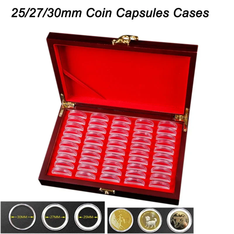 

50pcs Coins Storage Box With Adjustment Pad 25/27/30mm Adjustable Wooden Commemorative Coin Collection Case Holder Capsules