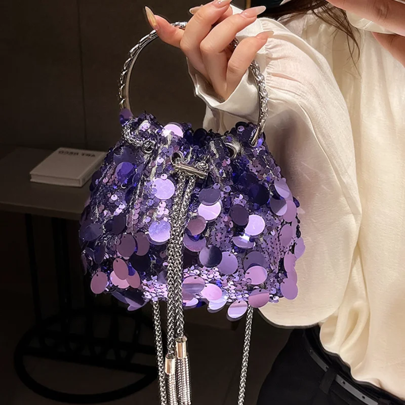 Sequin Glitter Bucket Bags for Women 2024 New Chain Party Luxury Handbag Individuality Fashion Evening Small Shoulder Bag Woman