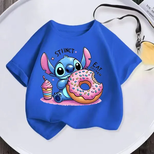 디즈니 애니메이션 귀여운 스티치 엔젤 패션 코튼 티셔츠, 라운드 넥 반팔, 프린..