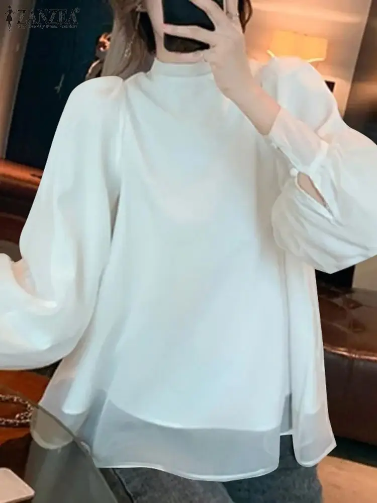 

Лето 2024, топы ZANZEA из шифона с длинными рукавами-фонариками, женские праздничные двухслойные рубашки, Повседневная Свободная блузка, туники с воротником-стойкой