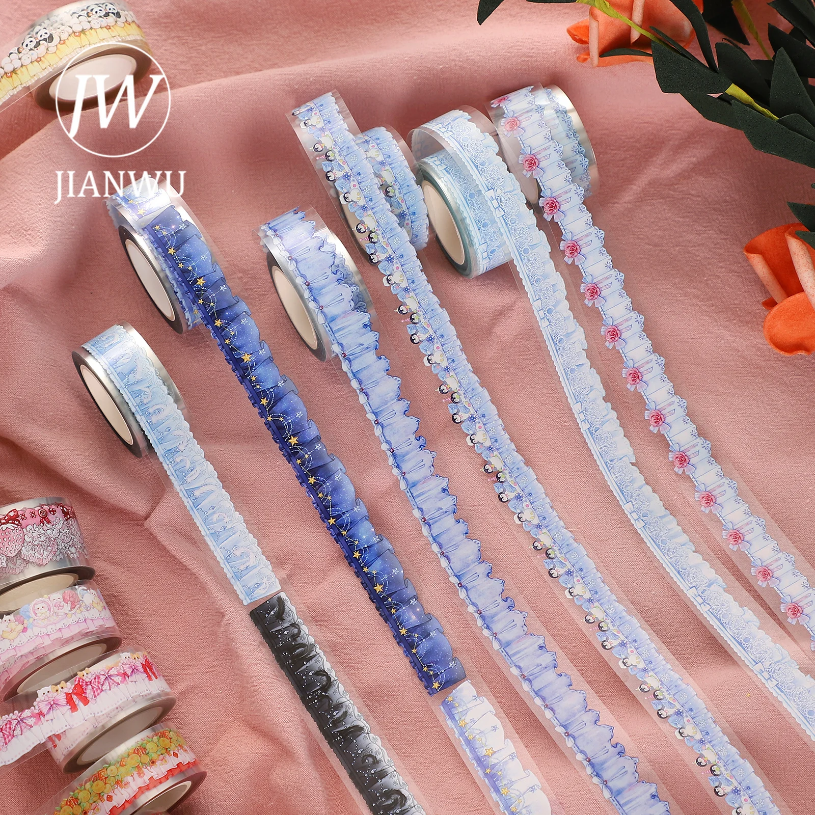 

JIANWU 500cm Cute Lace Journal Decoration PET Washi Tape Creative DIY Scrapbooking Background Collage Masking Tapes Stationery