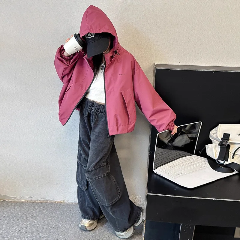 Girls' Spring/Autumn Coat 2025 New Arrival Windproof Oversized Jacket Hooded Sports-Style Casual Coat for Older Children