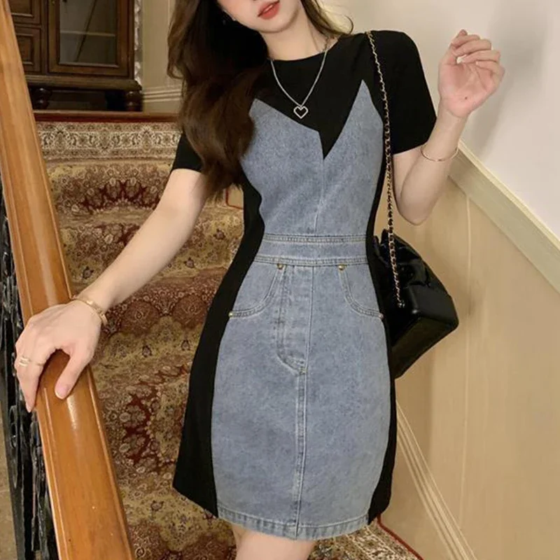 

Summer New Fashion Vintage Denim Patchwork Bodycon Dress Ladies Short Sleeve Slim Back Slit Elegant Robe Women's Casual Vestidos