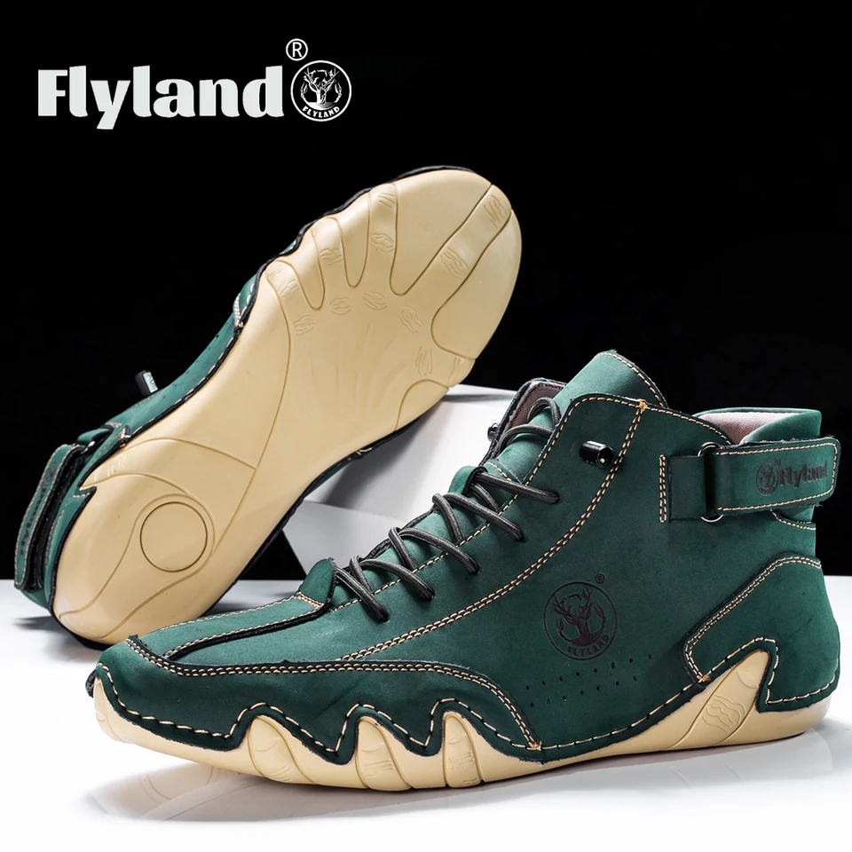 FLYLAND 남성 패션 빈티지 핸드 스티칭 소프트 비즈니스 캐주얼 가죽 앵클 부츠, 수제 신발
