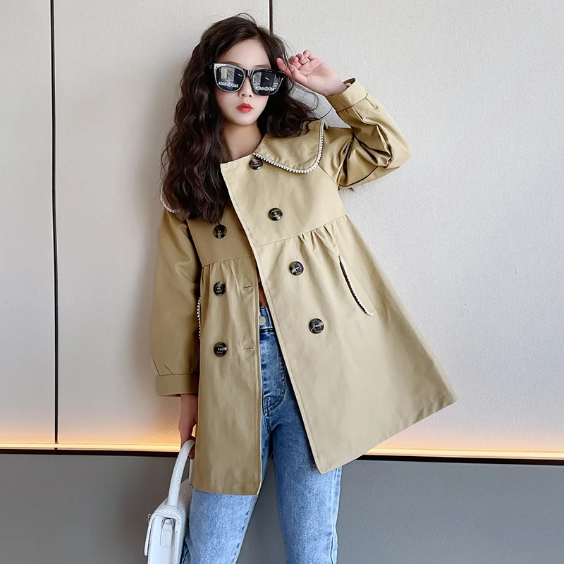 

3-14Y Teen Girls Long Trench Coats 2022 New Fashion England Style Windbreaker Jacket For Girls Spring Autumn Children's Clothing