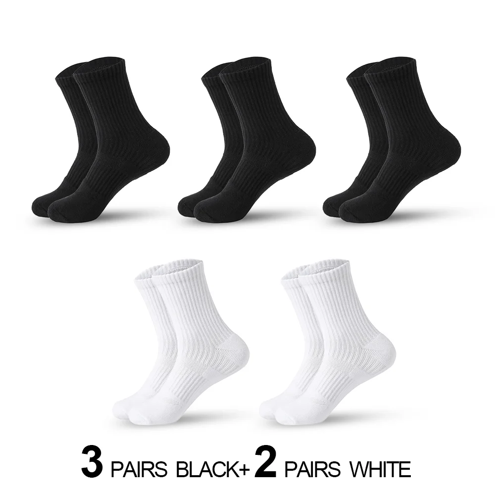 Chaussettes en coton pour hommes, évacuant l'humidité, pour randonnée en plein air, travail, coussin de Compression, chaussettes d'équipage, loisirs, noires, 5 paires