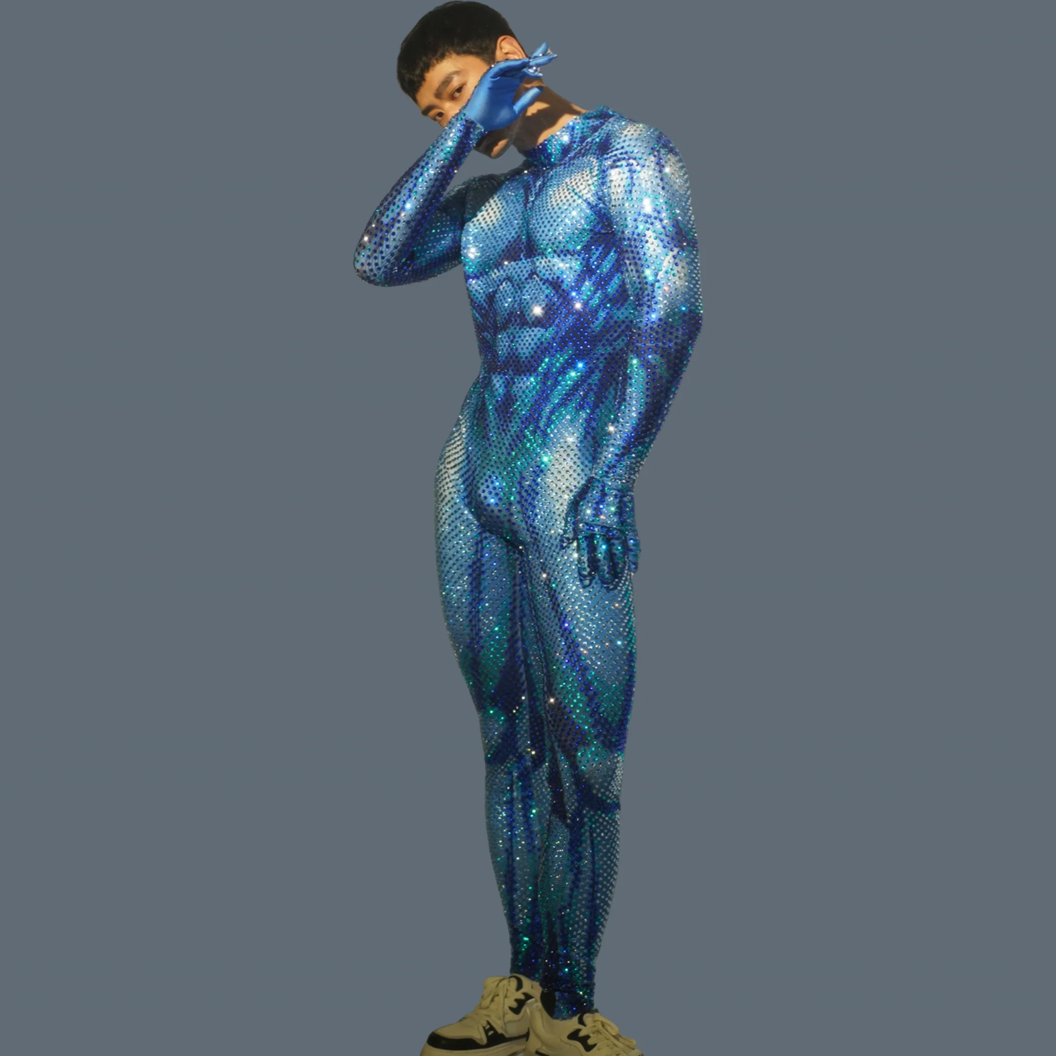 Fashion Men's Sexy Wear Luxury Full Rhinestone Jumpsuit Spandex Bodycon Party Nightclub DJ Stage Performance Muscular Man Juren 3