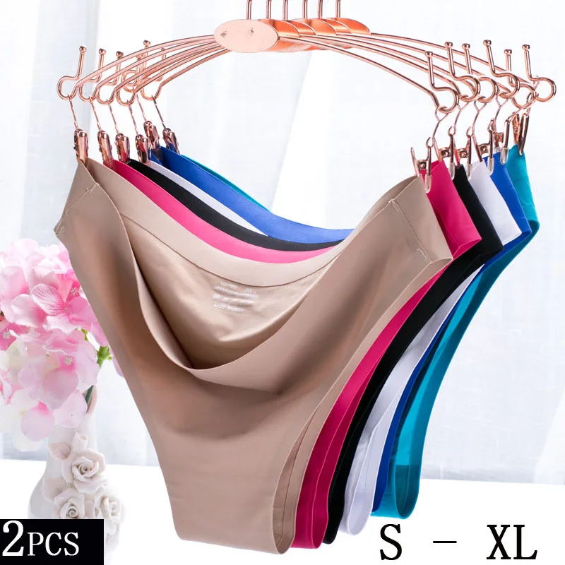 

2pcs/lot Ice Silk Panties Seamless Sexy Breathable Thong Solid Color Low-rise Women Underwear Briefs Lingerie String